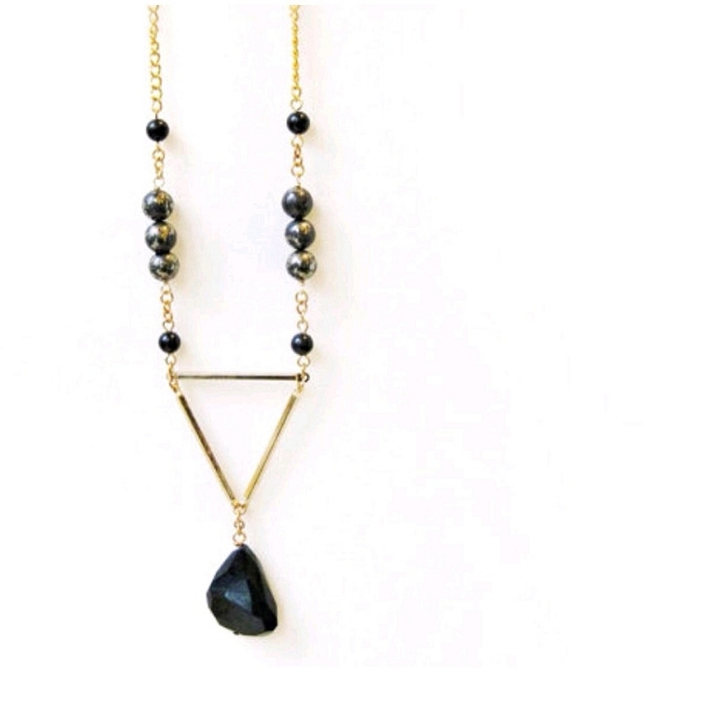 Black & Gold Geometric Necklace -  Rainbow Onyx, Pyrite & Agate Gemstones
